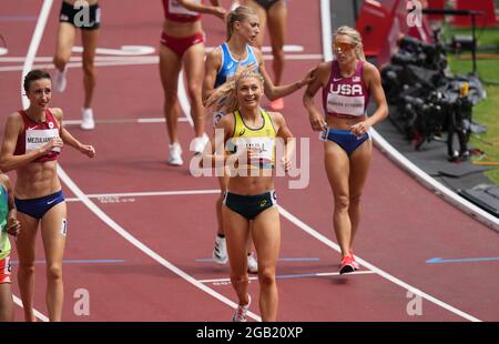 2. August 2021; Olympiastadion, Tokio, Japan: Tag der Olympischen Sommerspiele 10 in Tokio 2020; Qualifying-Rennen über 1500 m für Frauen: HULL Jessica (AUS) sieht mit ihrem 2. Platz in der Qualifikation zufrieden aus Stockfoto