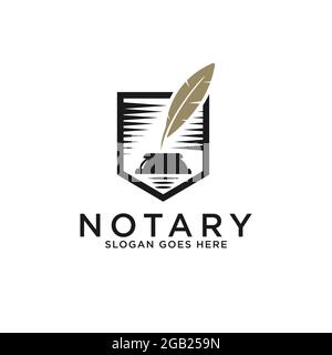 Moderne Notar Anwalt Logo-Designs, elegante goldene Stift Notar mit Schild Form Vektor-Illustrationen Stock Vektor