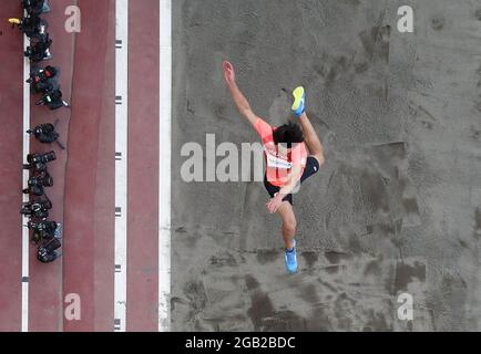 Tokio, Japan. August 2021. Yuki Hashioka aus Japan tritt beim Men's Long Jump Final bei den Olympischen Spielen 2020 in Tokio, Japan, am 2. August 2021 an. Quelle: Zengyao/Xinhua/Alamy Live News Stockfoto