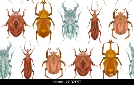 Nahtloses Muster mit geometrischen Insekten in Reihe auf weißem Hintergrund. Vektor-Textur mit geometrischem Hirschkäfer, fliegende Ameise, Marienkäfer in Retro-Farben. Stock Vektor