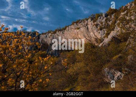 Blick auf Veli Badin, natürliche Steinklippe in den Felsen geschnitzt überlappen den Boden, an einem sonnigen Nachmittag. Majestätische Felsstruktur im slowenischen Kars Stockfoto