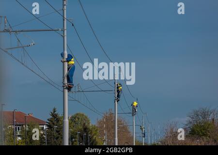 Maler oder Instandhaltungspersonal reparieren Stromleitungen oder elektrische Pole für Strom auf einer Eisenbahn- oder Eisenbahnstrecke. Reihe von Arbeitern auf Polen Stockfoto