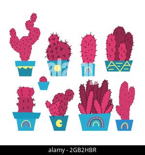 Set von ungewöhnlichen handgezeichneten verschiedenen Kakteen in Töpfen. Home Blumen für die Zimmereinrichtung. Vektor Cartoon rosa Topfpflanzen mit Dornen. Natürliche Elemente für Stock Vektor