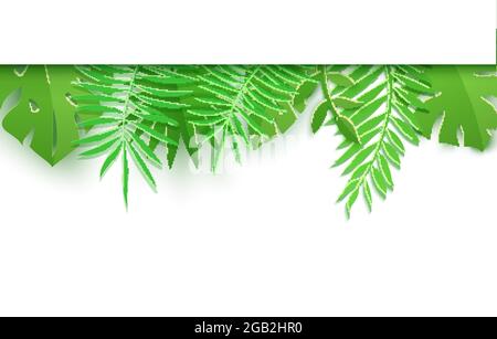 Horizontaler oberer Rand von tropischen Sommerblättern im Papierschnitt-Stil. Craft Jungle Plants Kollektion auf weißem Hintergrund. Kreative Vektorkarte Stock Vektor