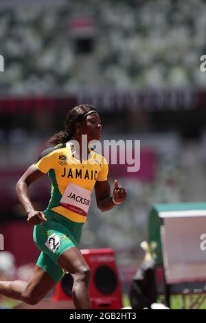 2. August 2021; Olympiastadion, Tokio, Japan: Tag der Olympischen Sommerspiele 10 in Tokio 2020; 200m Qualifikationsläufe für Frauen: JACKSON Shericka aus Jamaika Stockfoto