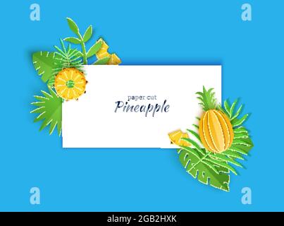 Rechteckiges weißes Notizblatt, verziert mit grünen Blättern und Ananas aus Dschungelpapier. Applikation ganze und Stücke von Zitrusfrüchten auf Papier Laub auf Stock Vektor