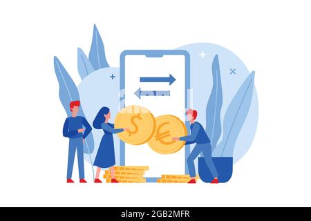 Flache Menschen, die Euro- und Dollarmünzen in den Händen halten. Zeichen Währungsumtausch oder Umrechner. Online-Geldtransfer oder mobiles Banking-Konzept. Mobile Anwendungen für den schnellen Austausch von ausländischem Geld. Stock Vektor