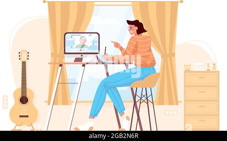 Flache Frau arbeitet im Heimbüro, sitzt im Stuhl am Computer. Komfortabler Arbeitsplatz für freiberufliche, Remote-Arbeit, Fernstudium. Mitarbeiter, der Videokonferenzen durchführt, Online-Meeting mit Kollegen. Stock Vektor