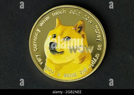 Dogecoin Kryptowährung - Foto von Dogecoin Kryptowährung physische Goldmünze. Symbol der dogenmeme-Münze Stockfoto