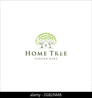 Home Tree-Logo. Kombination aus Heim und Doppelbaum Stockfoto