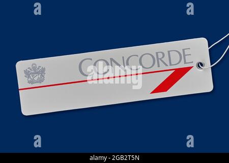 Original British Airways Concorde Gepäckanhänger. Gepäckaufkleber für Überschallflugkabine von 1994. Stockfoto