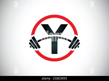 Anfängliches Y-Monogramm-Alphabet mit einer Langhantel. Lifting Vektor Logo Design. Modernes Vektorlogo für Bodybuilding, Fitnessstudio, Fitnessclub, Business und Unternehmen Stock Vektor