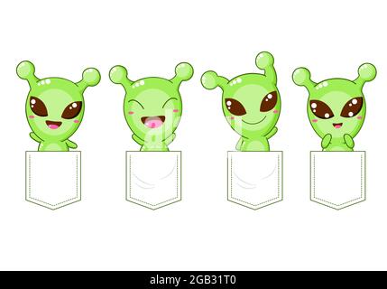 Niedliche Figuren im Pocket-Set. Baby Sammlung von kawaii Aliens in den Taschen. Kindlicher Druck mit witzigem Alien für T-Shirt. T-Shirt-Design. Vektor Stock Vektor