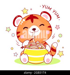 Niedlicher Tiger isst Ramen-Nudeln. Inschrift Yum Yum. Tiger Cub essen gerne Nudeln. Illustration im Kawaii-Stil. Vektor EPS8 Stock Vektor