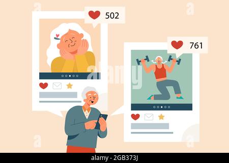 Flache Illustration eines älteren Mannes, der die App für Social Media-Fotos auf seinem Mobiltelefon verwendet und ältere Frauen mit „Gefällt mir“ markiert Stock Vektor