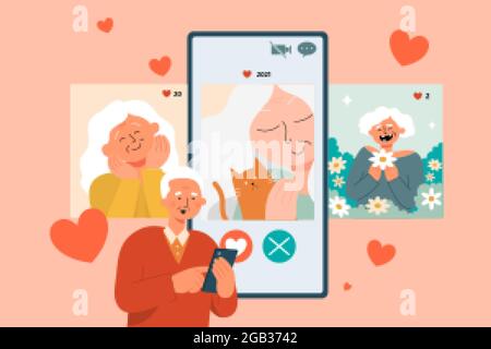 Flache Illustration eines älteren Mannes, der Fotos von älteren Frauen in der App für Social-Media-Fotos sieht und gefällt Stock Vektor