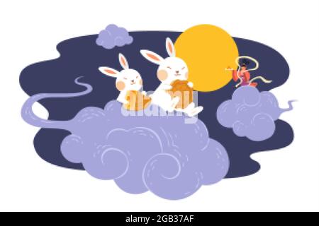 Mitte Herbst Festival Plakat-Design mit dem Kaninchen-Charakter. Flache Illustration von Jadekaninchen, die Mondkuchen essen und Vollmond auf Wolken in ni beobachten Stock Vektor