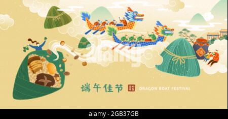 Dragon Boat Festival Banner in flachem Stil. Menschen, die in Drachenbooten Rennen und Reisduft die Luft füllt. Chinesische Übersetzung: Happy Dragon Boat Stock Vektor