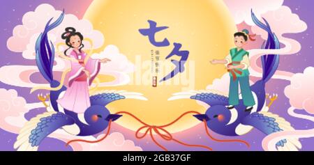 Qixi Festival Banner im flachen Stil. Illustration eines Paares in traditionellen chinesischen Kostümen, das auf Vögeln steht, die am wolkigen Himmel mit chinesischen Calligr fliegen Stock Vektor