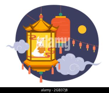 Design des Herbstfestes. Flache Illustration von Jadekaninchen Figur mit Mondkuchen in hängender Laterne in der Nacht mit Mond und Wolken Stock Vektor