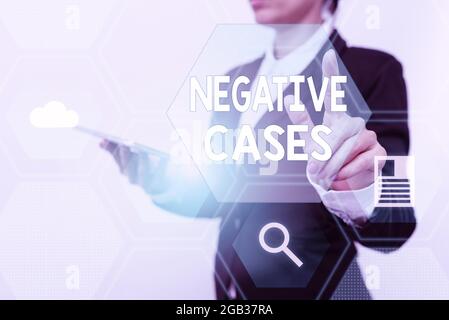 Schild mit negativen Fällen. Geschäftskonzept Umstände oder Bedingungen, die sich als falsche Frau in Suit Holding Tablet Showing ärgerlich werden Stockfoto