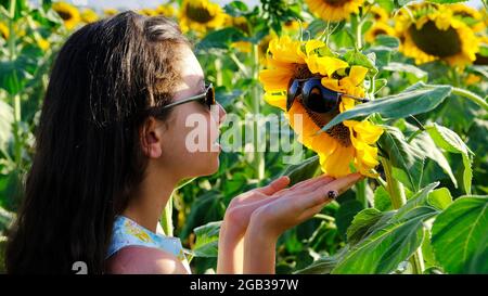 Ein schönes Mädchen grüßt die Sonnenblume und die Sonne. Stockfoto