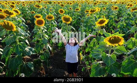 Ein schöner Junge grüßt die Sonnenblume und die Sonne. Stockfoto