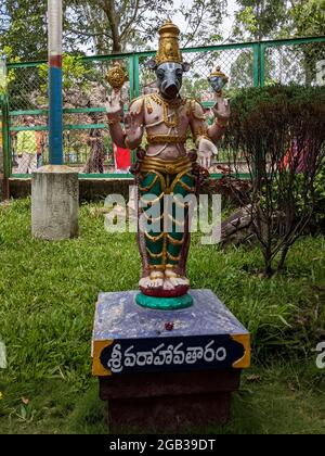Eine lange Sicht des stehenden Lords Varaha Avatar Idol isoliert im natürlichen Bogenfelsengarten in Tirumala: Tirumala, Andhra Pradesh, Indien-Juli 10.2021 Stockfoto