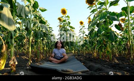 Ein schöner Junge praktiziert Meditation in einem Feld von Sonnenblumen. Stockfoto