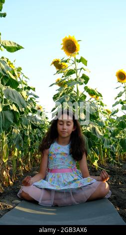 Ein schönes Mädchen praktiziert Meditation in einem Feld von Sonnenblumen. Stockfoto