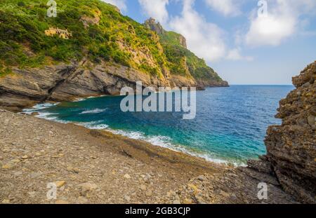 Blick von Punta Chiappa, in der Nähe von Camogli, Provinz Genua im Gebiet des Monte Portofino, Italien Stockfoto