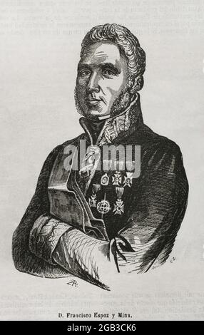 Francisco Espoz y Mina (1781-1836). Spanisches Militär. Anführer der Guerilla Navarras während des spanischen Unabhängigkeitskrieges (1808-1814). Er kämpfte im ersten Carlistenkrieg (1833-1840) gegen die Isabeline-Armee und war der Hauptverantwortliche für den Kampf im Norden Spaniens gegen die Carlisten. Hochformat. Gravur. Historia General de España von Pater Mariana. Madrid, 1853. Stockfoto