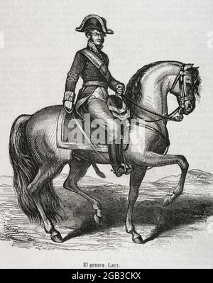 Luis Lacy Gautier (1775-1817). Der spanische General, der sich während des Peninsular-Krieges in Katalonien für seine Aktionen auszeichnete. Hochformat. Illustration von Zarza. Gravur von Capuz. Historia General de España von Pater Mariana, 1853. Autor: Eusebio Zarza (1842-1881). Spanischer Künstler. Tomás Carlos Capuz (1834-1899). Spanischer Graveur und Xylograph. Stockfoto