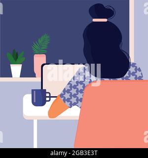 Eine Freiberuflerin arbeitet am Computer zu Hause oder abends im Büro. Flache Vektorgrafik. Laptop, Pflanzen, Kaffeetasse, Tisch. Entfernt Stock Vektor