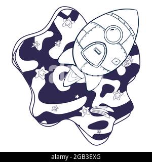Cartoon Rocket in Space Coloring Page. Handgezeichnetes Raumschiff und Sternskizze. Raumschiff Illustration für Malbuch, Logo, Druck, Kinderzimmer Dekor, Aufkleber, Karte Stock Vektor