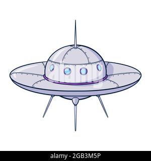 Cartoon Illustration des Raumschiffs. Handgezeichnete Raumschiff-Vorlage für Logo, Emblem, Webdesign, Kinderzimmer-Dekor, Print, Aufkleber, Karte Stock Vektor