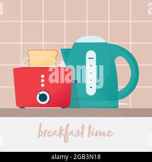 Konzept der Frühstückszeit. Wasserkocher und Toaster in der Küche. Vektorgrafik im flachen Stil Stock Vektor