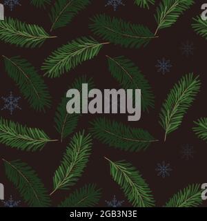 Weihnachtliches nahtloses Muster mit Kiefernzweigen und Schneeflocken. Niedliches Vektormuster Stock Vektor
