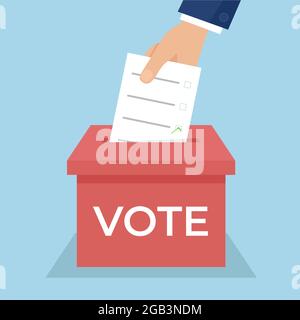 Eine Hand legt einen Stimmzettel in eine Wahlurne. Wahlkonzept. Vektor-Illustration mit flachem Design. Stock Vektor
