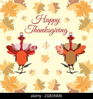 Niedliche Thanksgiving-Truthähne, Ahornblätter, Vektorgrafik. Stock Vektor