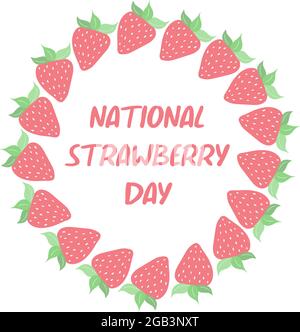 Vektor flach Doodle Erdbeere runden Rahmen isoliert auf weißem Hintergrund. National Strawberry Day Februar 27 - Schriftzug Text. Speicherplatz kopieren. Vorlage für Einladung, Sommerwerbung. Stock Vektor