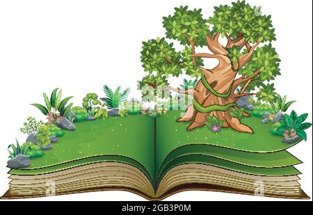 Offenes Buch mit Tieren Karikatur auf den Bäumen Stock Vektor