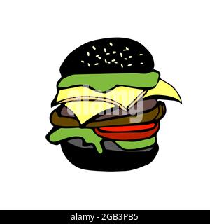 Schwarze Hamburger-Illustration im Cartoon-Stil auf Weiß isoliert Stock Vektor