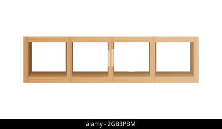 Quadratische Holzregale Vorlage. Leeres langes Regal, das in Teile für Bücher und Utensilien unterteilt ist Stock Vektor