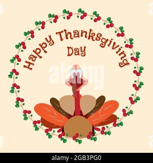 Niedliche Thanksgiving-Truthähne, Preiselbeeren, Vektorgrafik. Stock Vektor