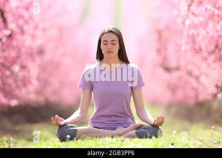 Vorderansicht Porträt einer entspannten Frau, die in einem schönen rosa Feld Yoga praktiziert Stockfoto