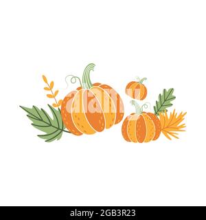 Klassische Herbstkomposition aus reifen Kürbissen und gefallenen Blättern. Niedliche Cliparts, Element, Objekt, Element für Aufkleber, Grußkarte, Einladung, Werbung Stock Vektor