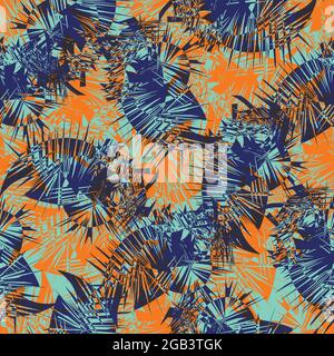 Cordyline Blatt abstrakt nahtlose Vektor-Muster Hintergrund. Tropisches, stacheliges Laub im Hintergrund in Marineblau, Orange, Indigo, moderner botanischer Überlappung Stock Vektor