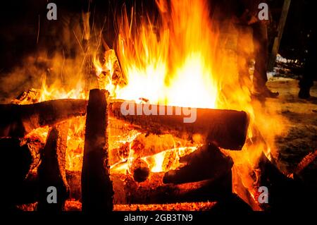 Brennendes Brennholz, Feuer aus der Nähe. Brennendes Lagerfeuer im Freien. Feuer mit Mauerwerk auf einem Picknick. Birkenbrennholz. Flammenzungen. Stockfoto