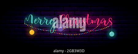 Festliches Neonbanner mit Aufschrift Frohe Weihnachten. Vektorgrafik. Stock Vektor